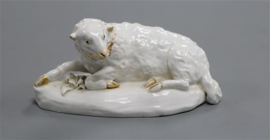 A Derby figure a recumbent sheep, c.1765, l. 11.3cm, losses to ears